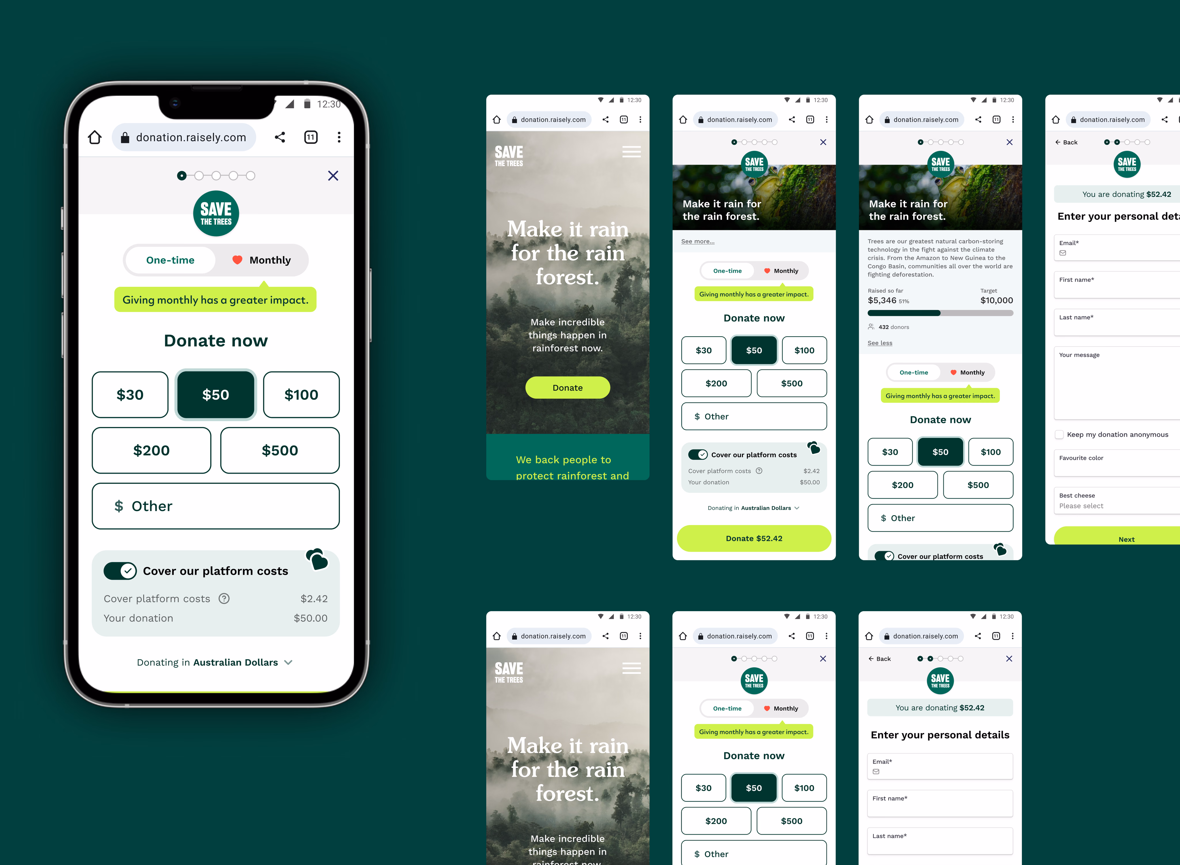 The redesigned donation form on a phone, next to the steps of the mobile flow