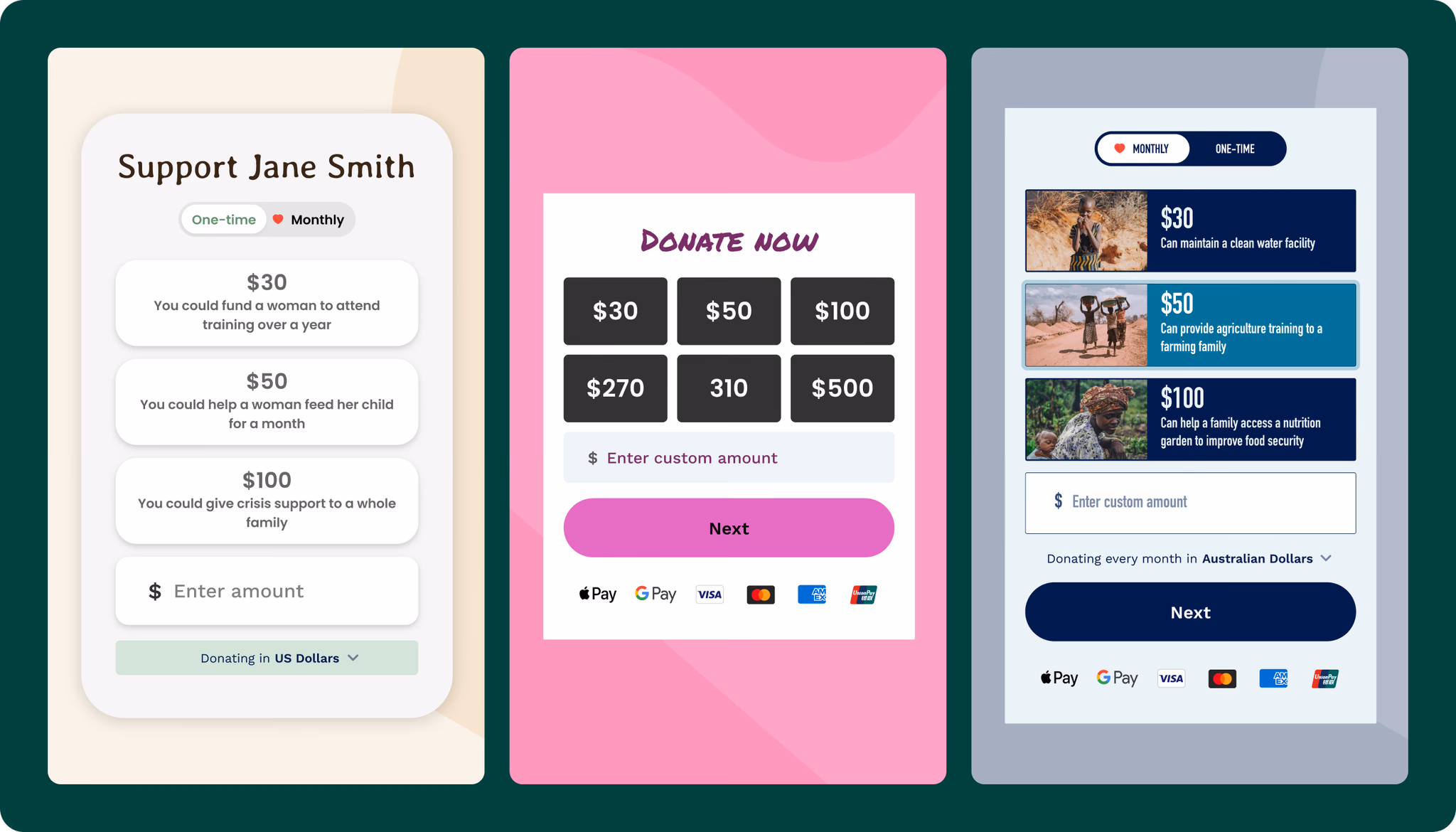 Three charities’ donation forms using the same layout in different brand colours