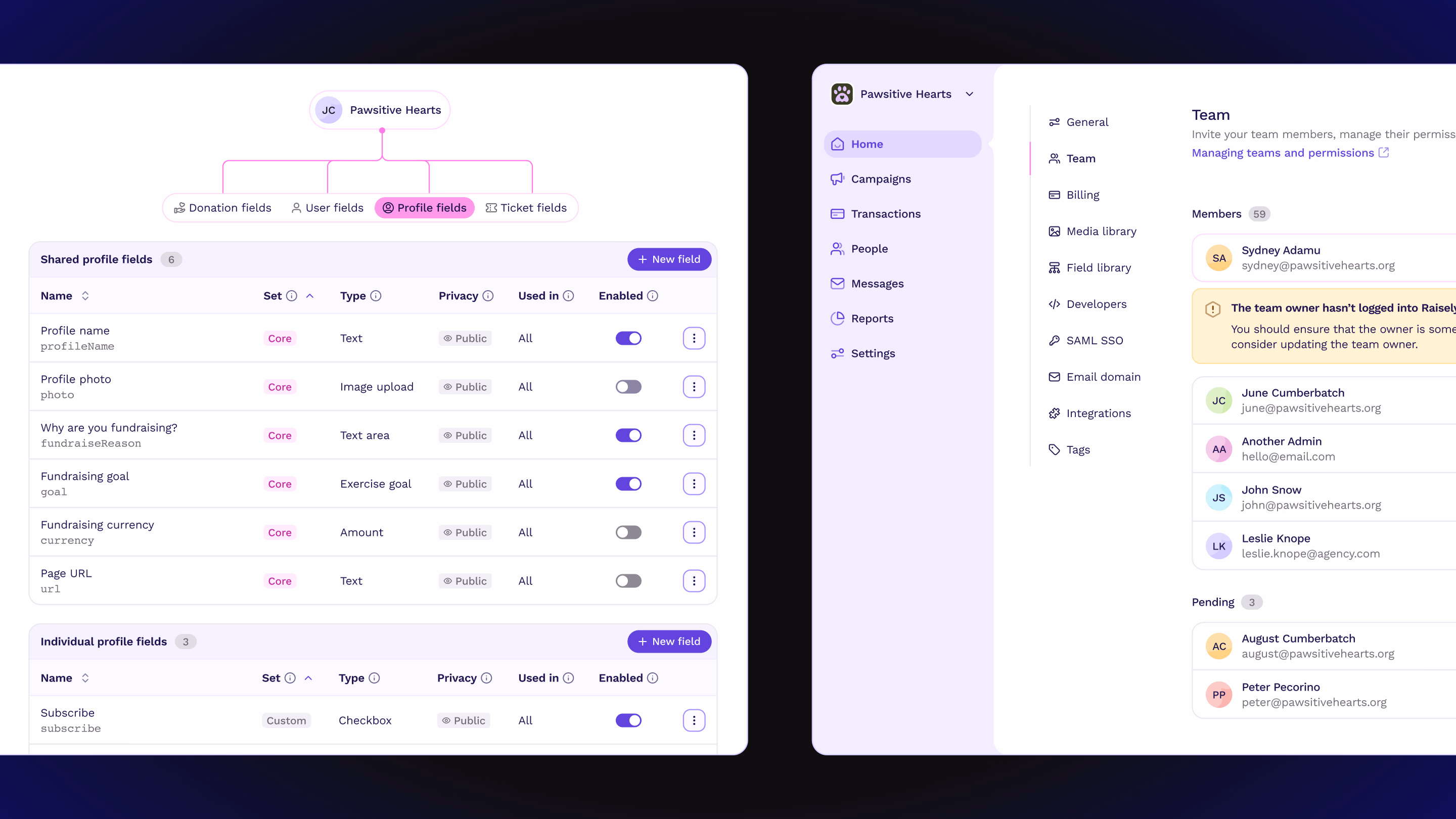 Profile field settings and team management screens built with the design system