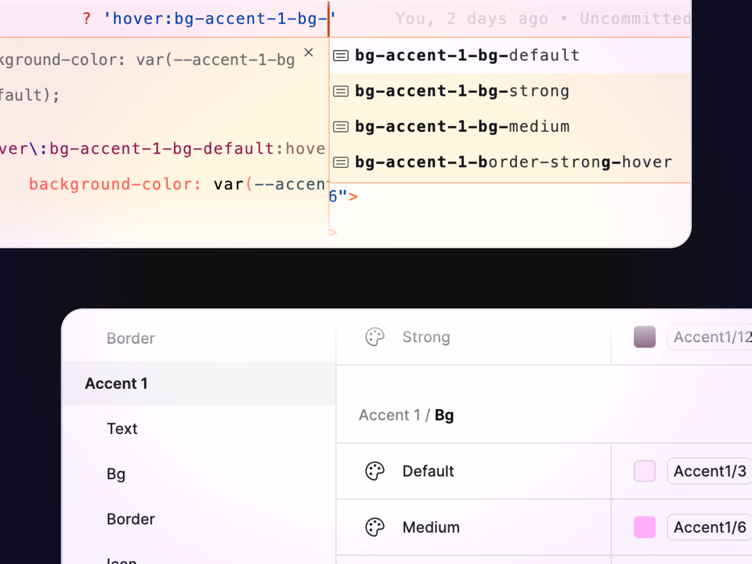 Semantic colour tokens in code, next to the token table in Figma