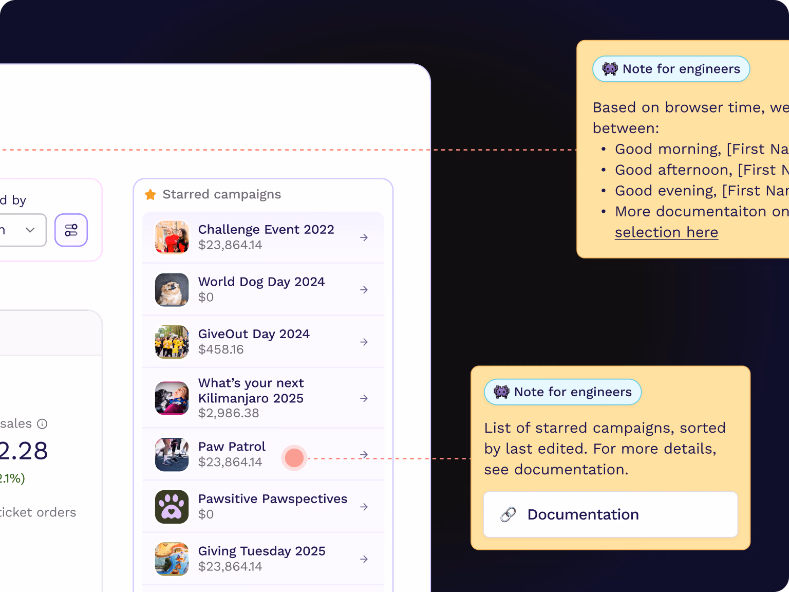 A Handoff Helper with notes for engineers beside a starred campaigns list