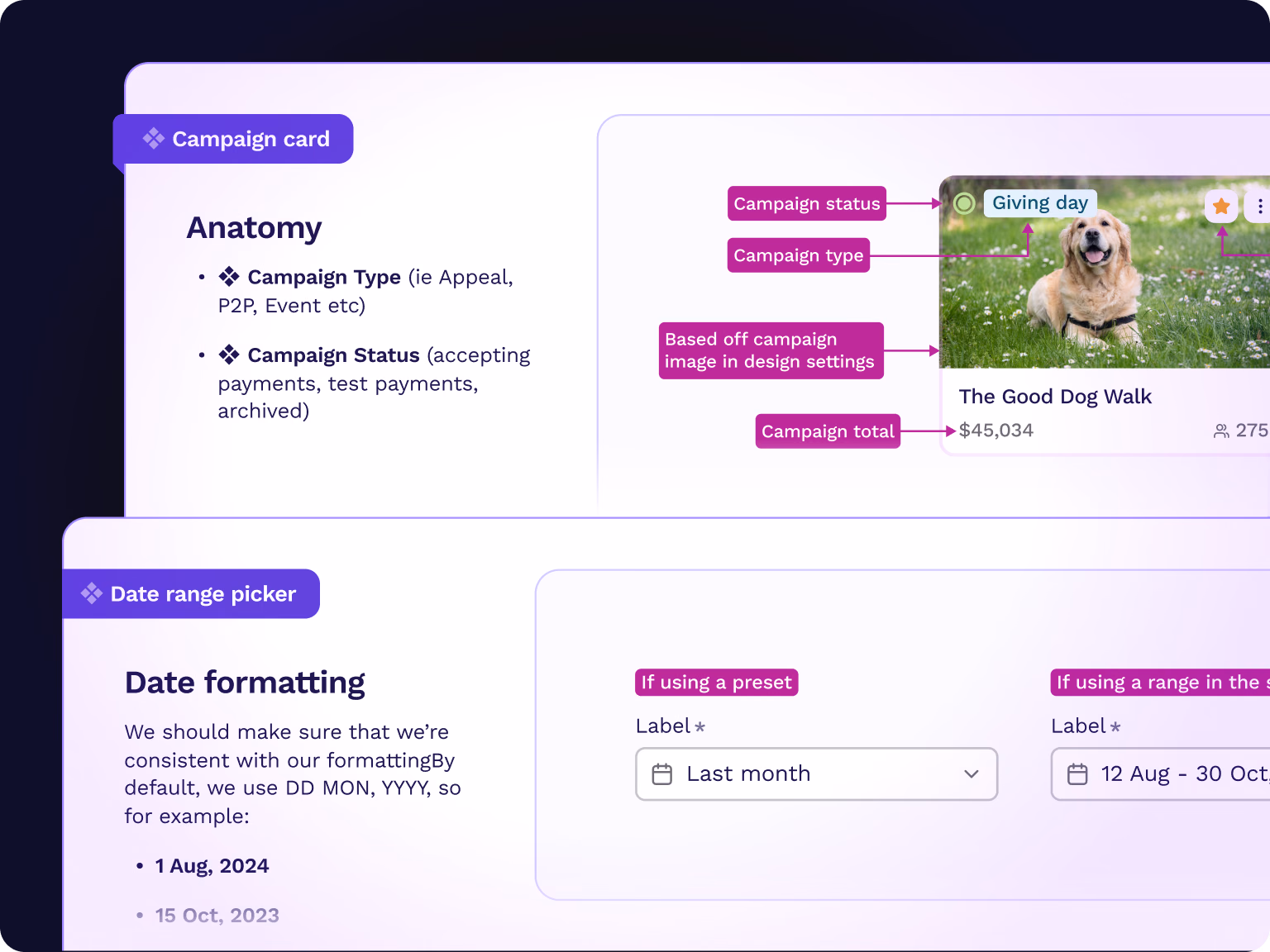 Component documentation for the campaign card and date range picker