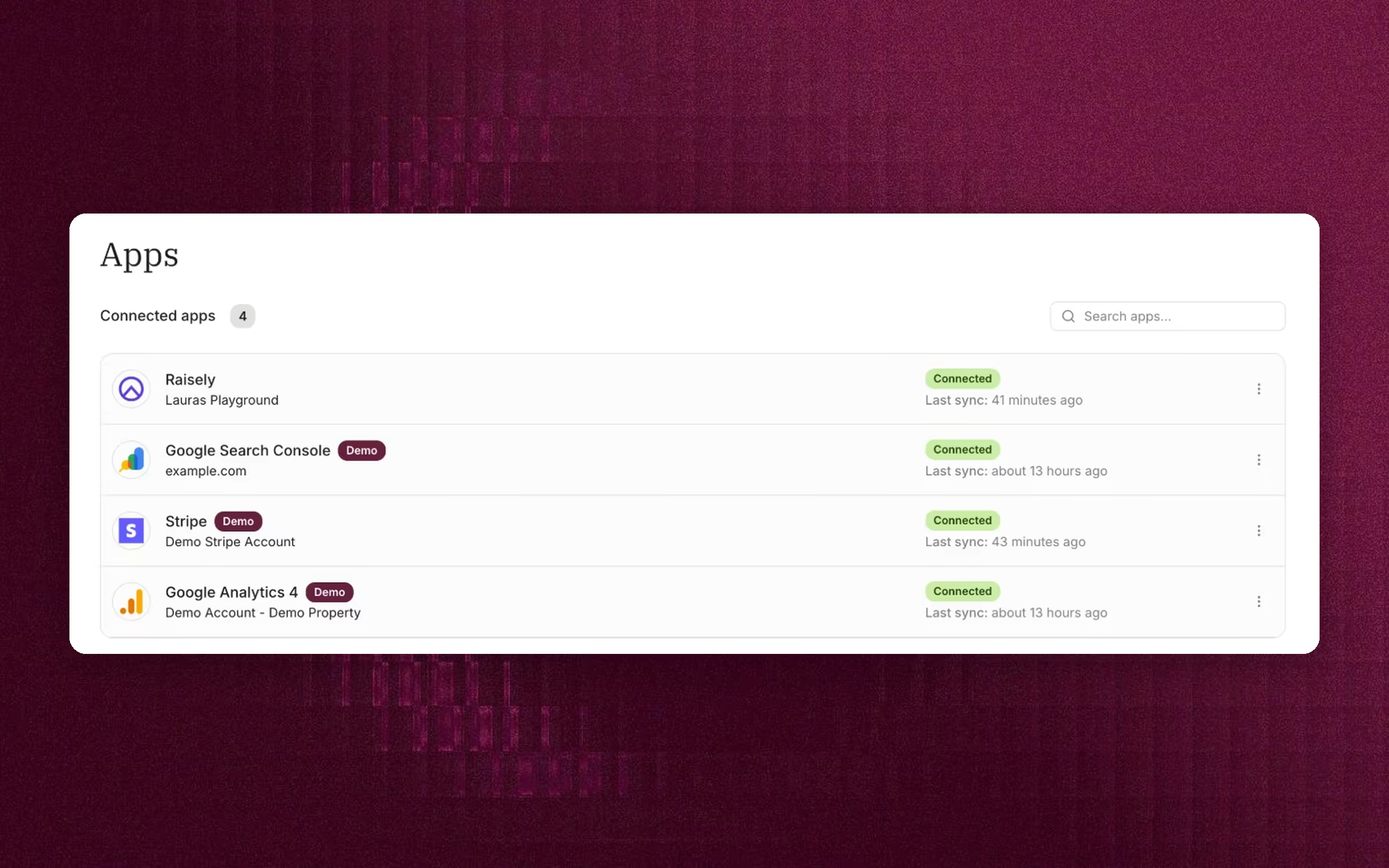 The Apps page, listing four connected apps and when each last synced
