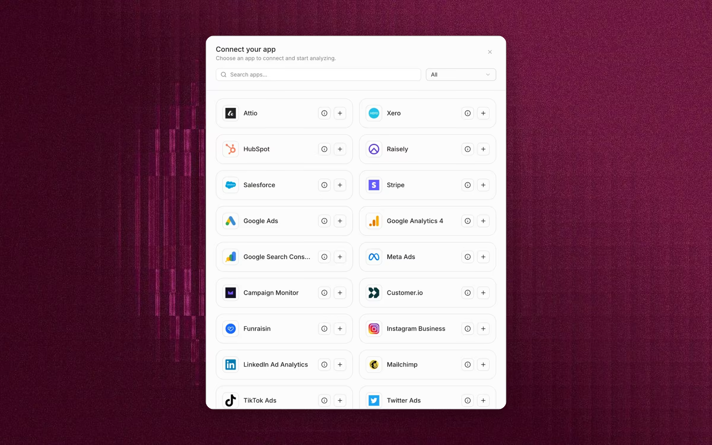 The Connect your app dialog, with integrations such as HubSpot, Stripe, Google Analytics and Mailchimp