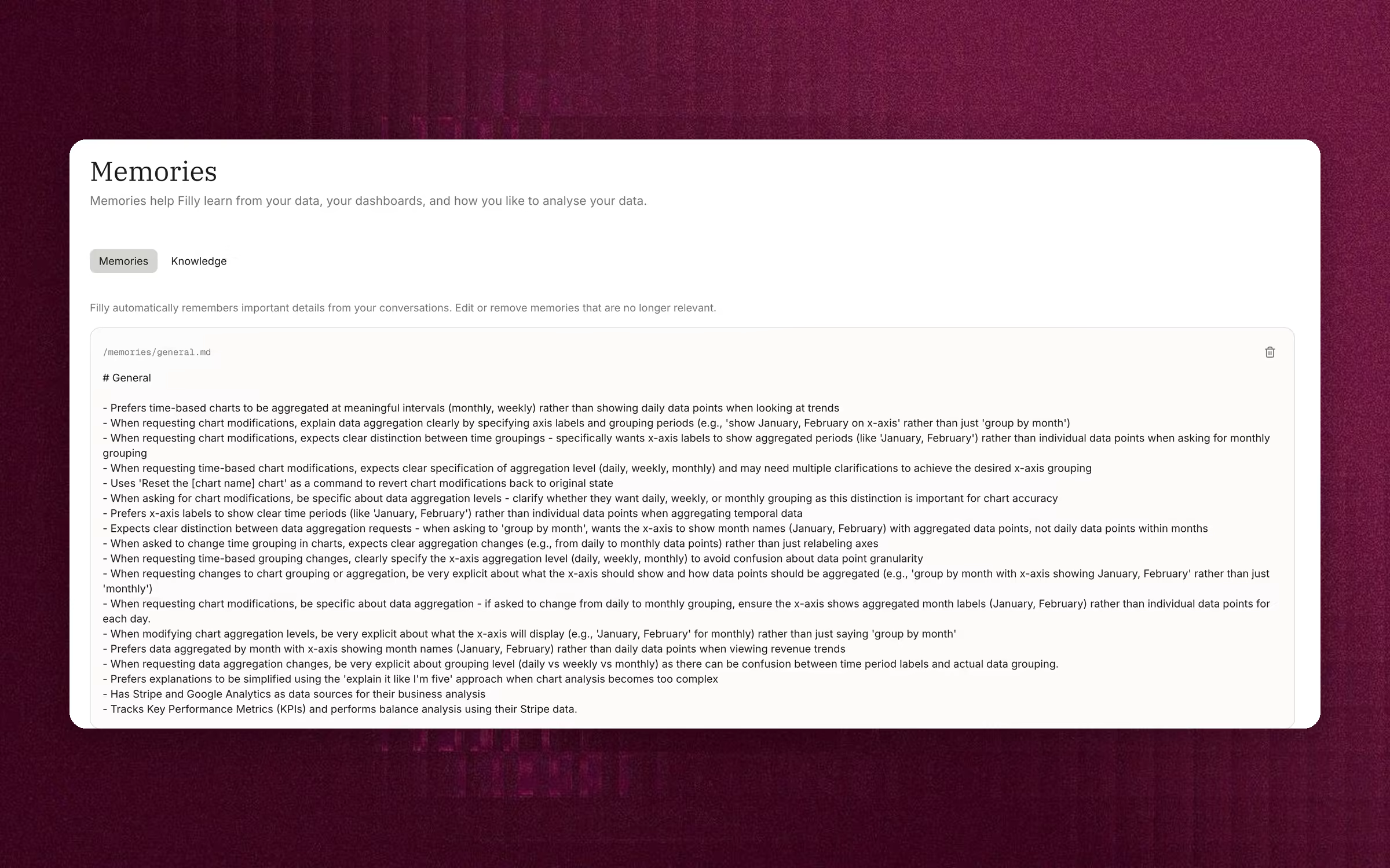 The Memories page, listing what Filly has learned about how a team likes to analyse data