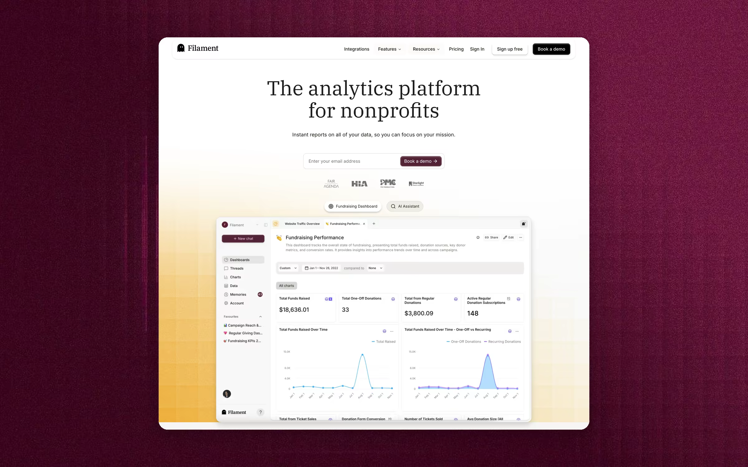 The Filament homepage: The analytics platform for nonprofits