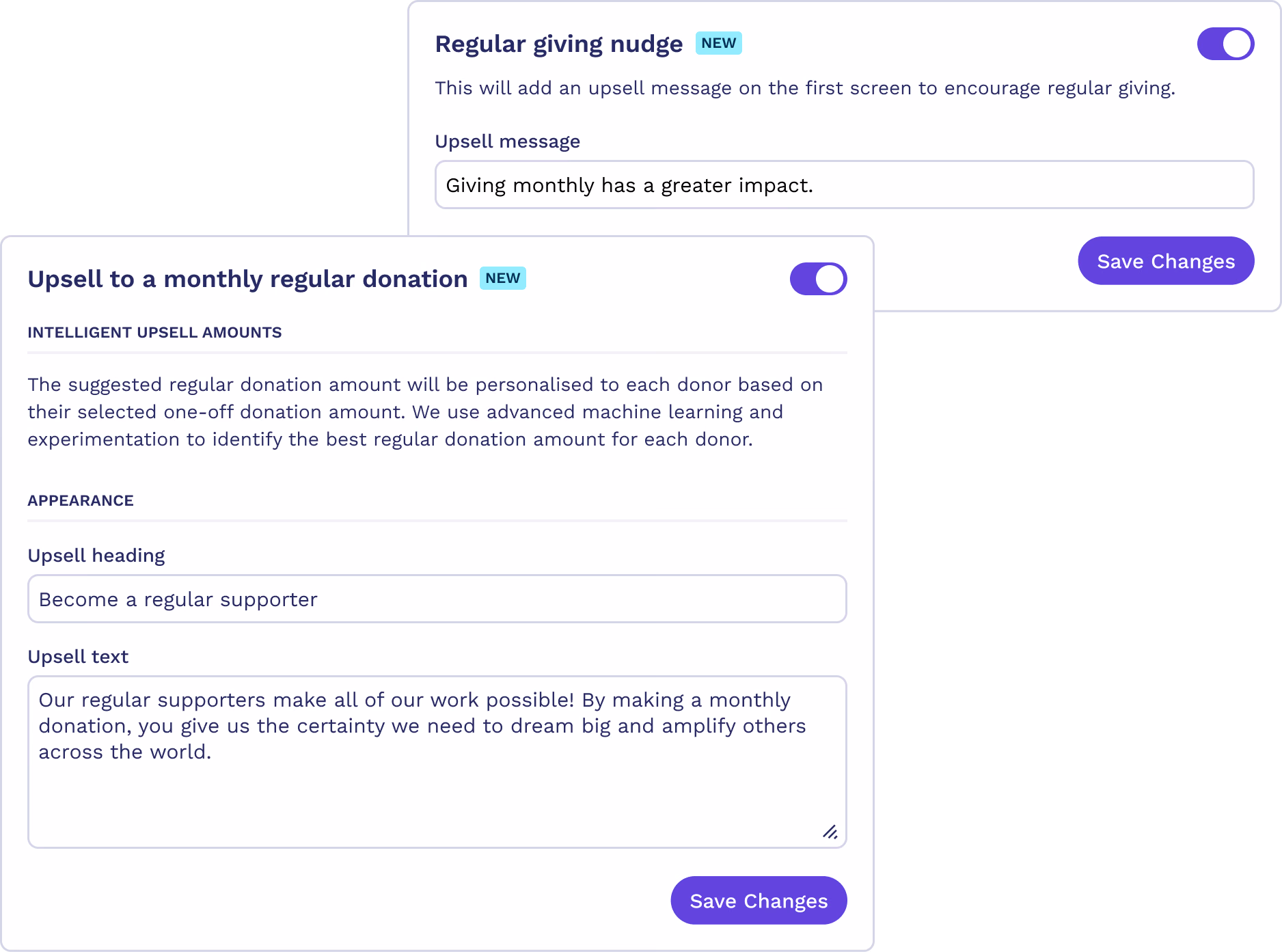 Settings for customising the upsell message and the regular giving nudge