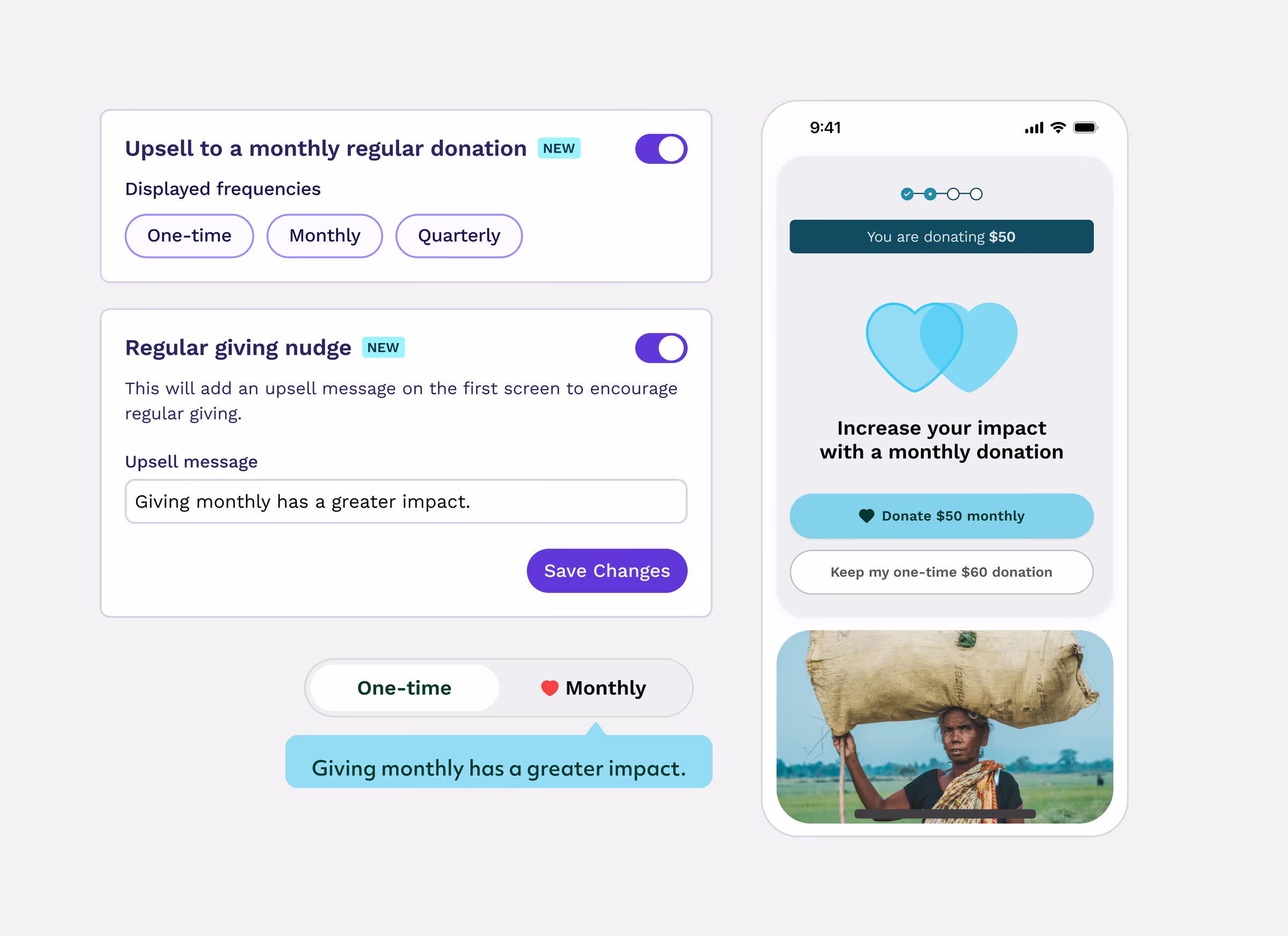 Regular giving settings for charities next to the monthly upsell step of the donation form on a phone